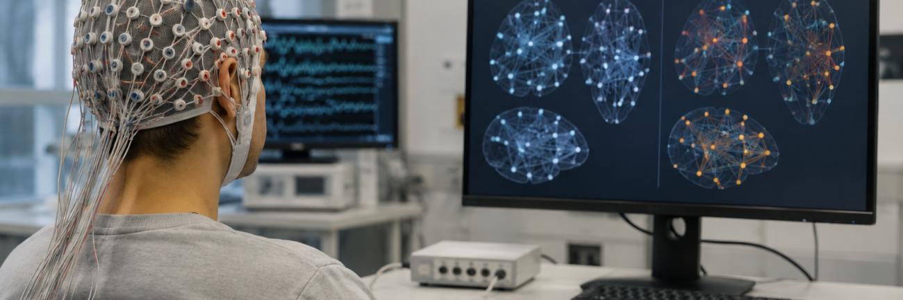 تحلیل EEG با یادگیری ماشین کنتراستی در روانپزشکی شرکتکننده ناشناس با کلاه EEG روبهروی نمایشگر الگوهای شبکهای تحلیلشده با یادگیری ماشین