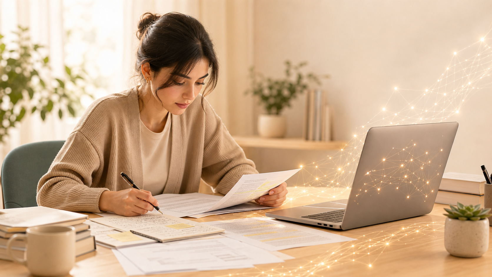 پژوهشگری در حال بررسی منابع و یادداشت‌ها در کنار ابزار هوش مصنوعی