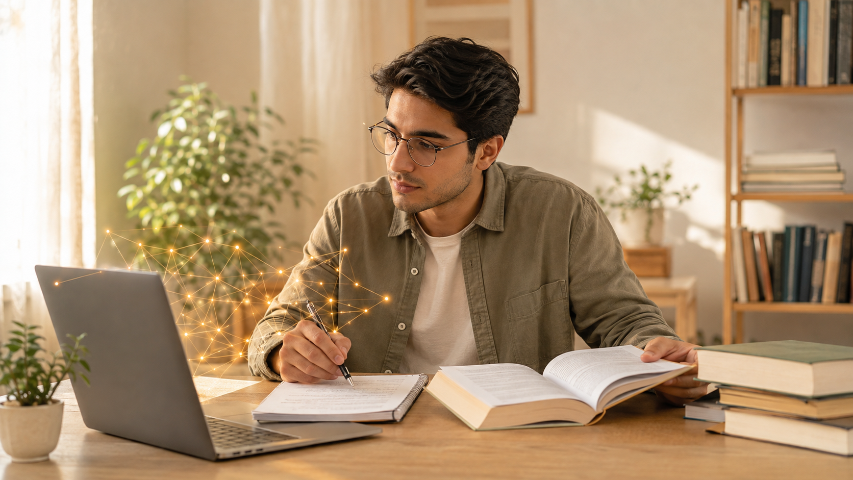 فردی در حال مقایسهٔ پاسخ هوش مصنوعی با کتاب و یادداشت‌های خود پیش از اعتماد به پاسخ